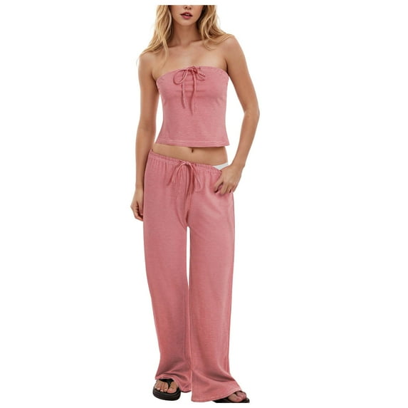 vigerkar Womens Y2k 2 Piece Outfit Strapless Crop Tube Top and Wide Leg Pant Matching Sets Loungewear Holiday Beach Outfit 2025 Red, S