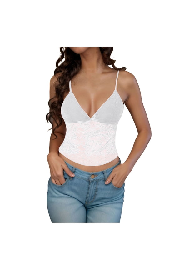 Womens Y2k Lace Cami Tank Tops Going Out Crop Tops Spaghetti Strap Mesh See Through Camisole Summer Casual Tops White, M