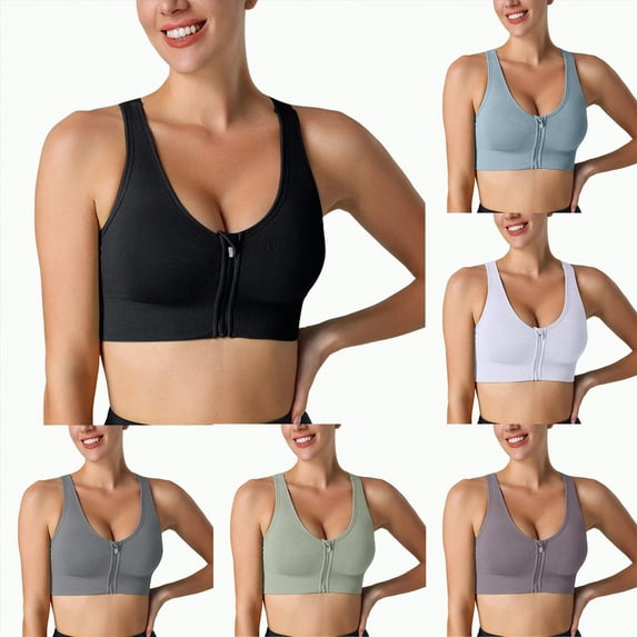 vigerkar Womens Zip Front Closure Sports Bra Zipper Wireless Seamless Comfort High Support Full Coverage, Running, Yoga, Gym (Black, L)