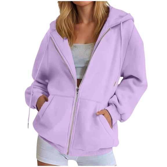 vigerkar Womens Zip Up Hoodies Long Sleeve Oversized Sweatshirts Y2K Jacket Pockets Fashion Clothes (Light Purple, XXL)