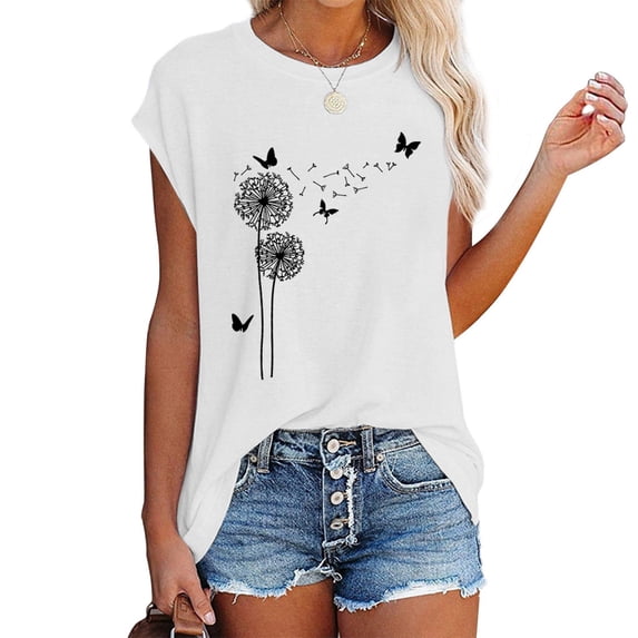 vigerkar Workout Shirts Women Dandelion Graphic Tees Sunflower T Shirt Crew Neck Short Sleeve Top Tees for Women White, M