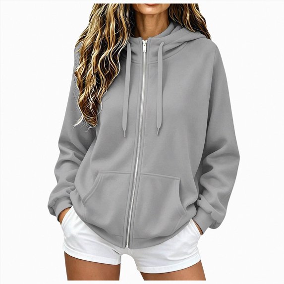 vigerkar Y2K Casual Zip Up Hoodie for Women Oversized Lightweight Jacket with Pockets Fashion Long Sleeve Sweatshirt (Grey, S)