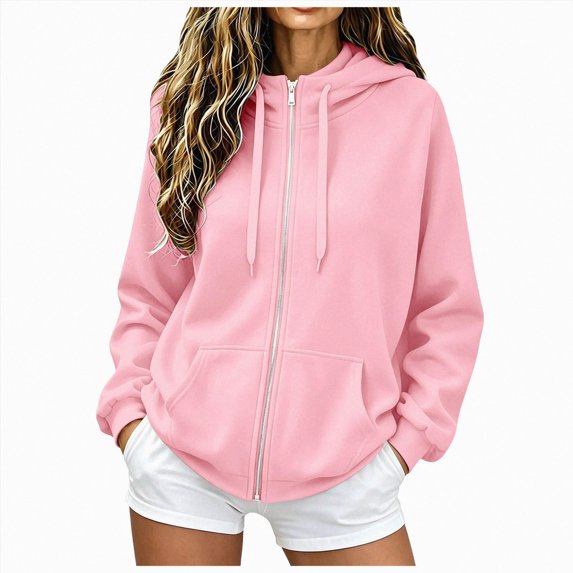 vigerkar Y2K Casual Zip Up Hoodie for Women Oversized Lightweight Jacket with Pockets Fashion Long Sleeve Sweatshirt (Pink, XXL)