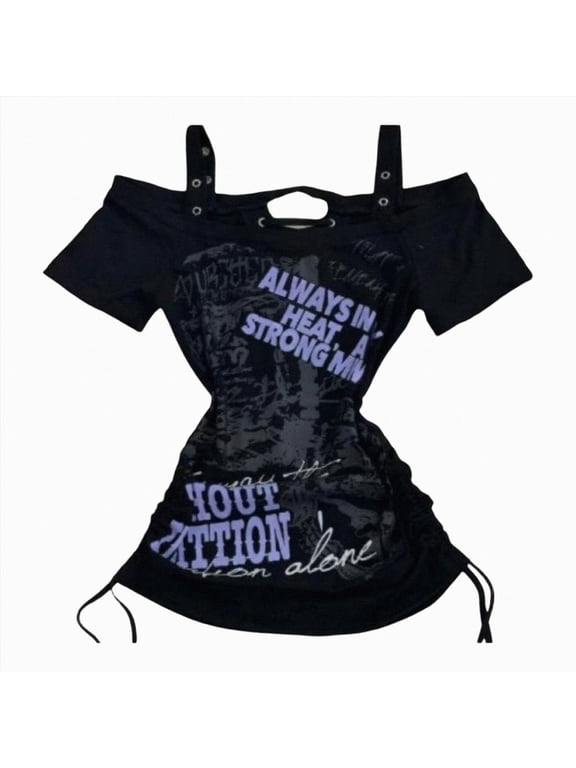 Y2K Gothic Off Shoulder Crop Top Vintage, Spaghetti Strap Graphic Print Streetwear Style Slim Fit Tee, Pair with Skirt or Jeans (Black, M)