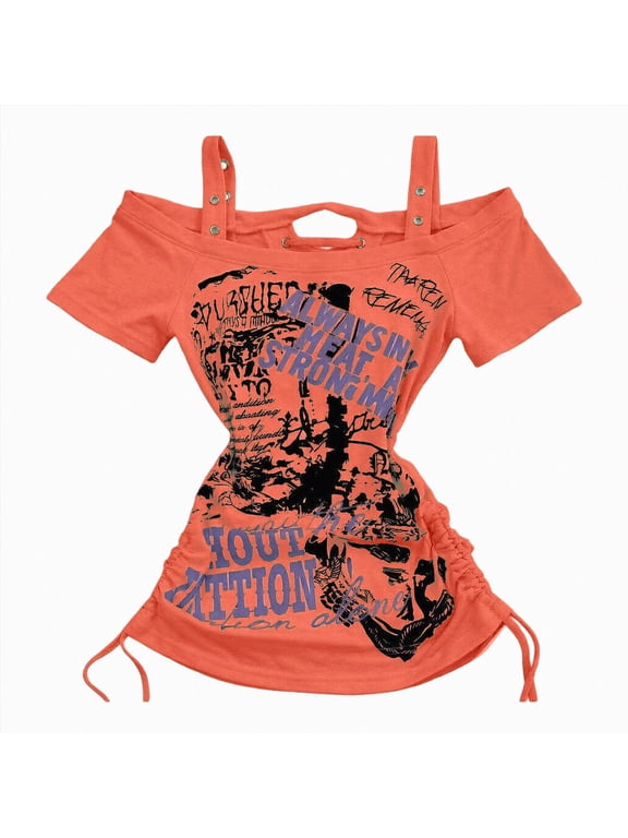 Y2K Gothic Off Shoulder Crop Top Vintage, Spaghetti Strap Graphic Print Streetwear Style Slim Fit Tee, Pair with Skirt or Jeans (Orange, L)