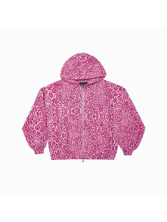 Y2K Grunge Leopard Zip Up Hoodie Womens Streetwear Jacket, Oversized Emo Goth 2000s Graphic Hoodie (Pink, L)