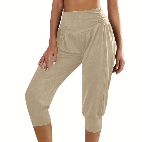 vigerkar Yoga Pants for Women High Waist Solid Color Capri Lounge Pants Summer Casual Capri Pant Loose Fit Athletic Capri Pants (Khaki, S)