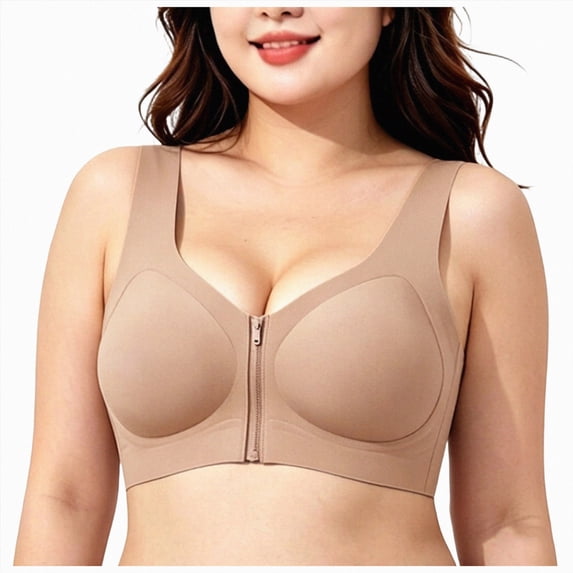 vigerkar Zip Front Closure Bra Wireless Support Comfort Full Coverage Back Smoothing No Underwire Bralettes Seamless (Khaki, 5XL)