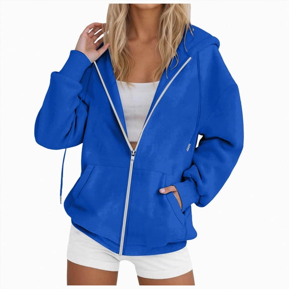 vigerkar Zip Up Hoodie Women 2026 Y2K Long Sleeve Zipper Crop Sweatshirts Winter Casual Comfy Track Jackets with Pockets Streetwear Style (Blue, L)