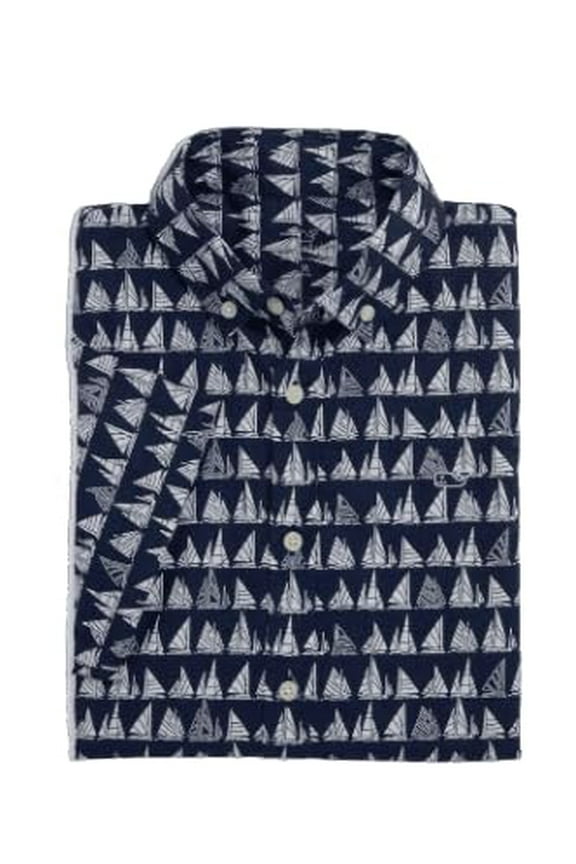 Boys Cotton Short-Sleeve Boat Parade Shirt, Nautical Navy, Large