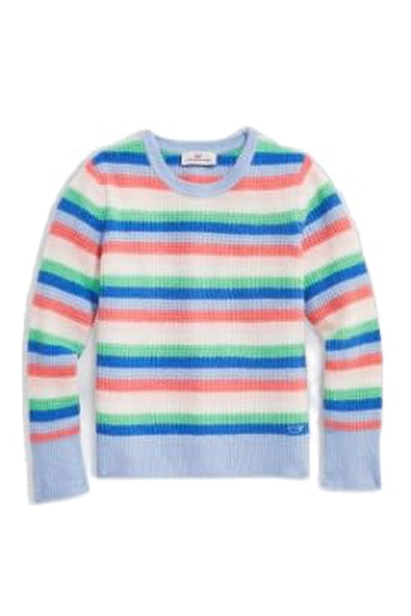 Girls' Striped Waffle Crewneck Sweater, Calm Waters, Medium