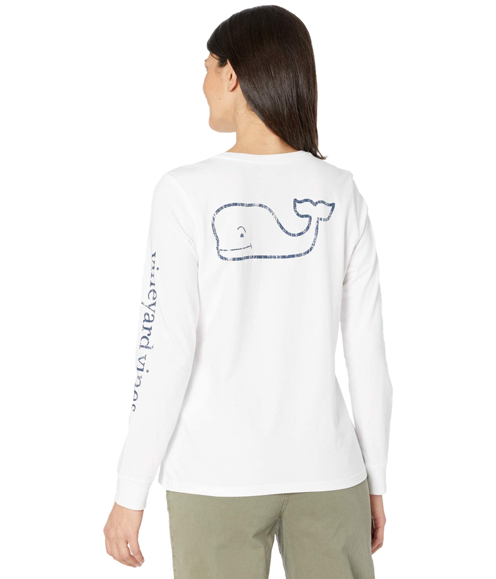 vineyard vines Women's Long-Sleeve Vintage Whale Pocket T-Shirt (White Cap,  Medium) 