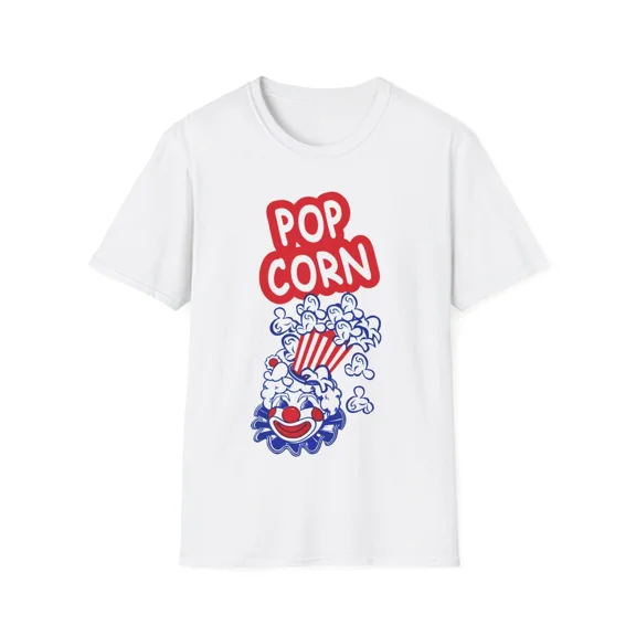 vintage 1980s popcorn bag clown graphic on a tshirt