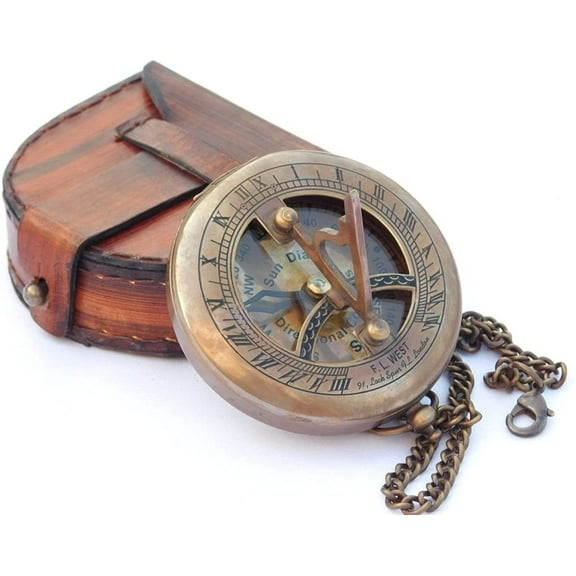 vintage Compass in leather case Antique Bronze Chain Marine...
