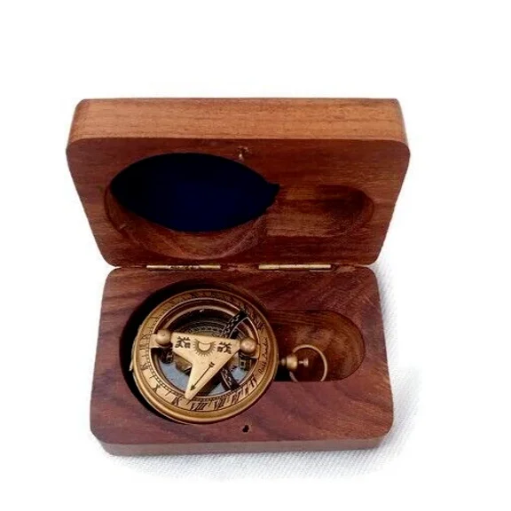 vintage Nautical Antique brass compass style pocket sundial With wooden box Gift