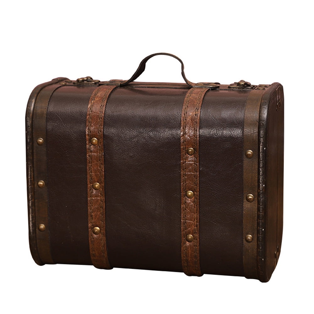 vintage Suitcase Wood Leather Finished Antique Storage Box Decorative Luggage for Photography Props Home Decoration