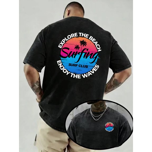 vintage casual surf themed printed short sleeve t shirt for men and women summer beach vacation 100 cotton double sided print front and back print neck casual mens