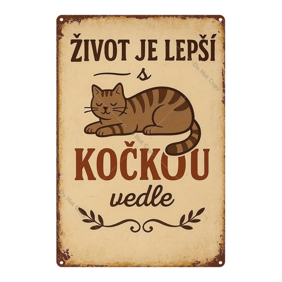 A vintage cat illustration metal poster, a classic wall decoration, durable metal accent, suitable for homes, kitchens, bars, gardens, and farmhouses, with a retro design.