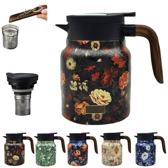 vintage floral pattern tea pot,Vintage Floral Pattern Tea  Built-In Infuser, Stainless Steel Thermal Carafe With Lid for Hot Drinks, Insulated Teapot Detachable 1000ml (C)