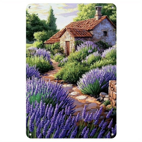 A vintage lavender garden scene metal plaque - 8x12 inches, rustic wall decoration featuring cottages and floral motifs, suitable for home, cafe, bar, library, garage, or outdoor decor.