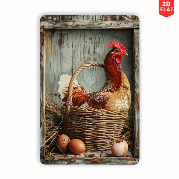 A vintage-style metal plaque featuring a farm chicken and fresh eggs, perfect for a rustic wall hanging in a garage, porch, cafe, bar, men's private space, farmhouse kitchen, or country home.
