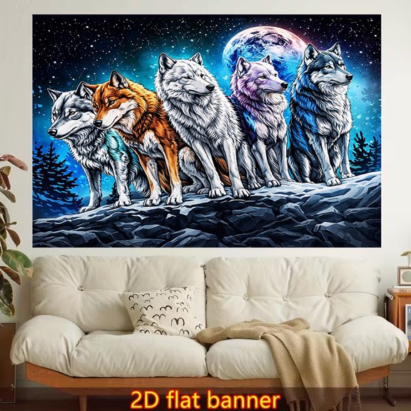 A vintage-style starry sky and wolf backdrop tapestry, made of polyester fiber, is easy to hang and suitable for wall decoration in living rooms, bedrooms, offices, and family parties.