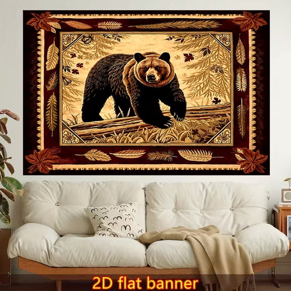 A vintage-style tapestry featuring a brown bear totem motif, crafted from polyester fabric, suitable for wall decoration in living rooms, bedrooms, offices, and for home parties.