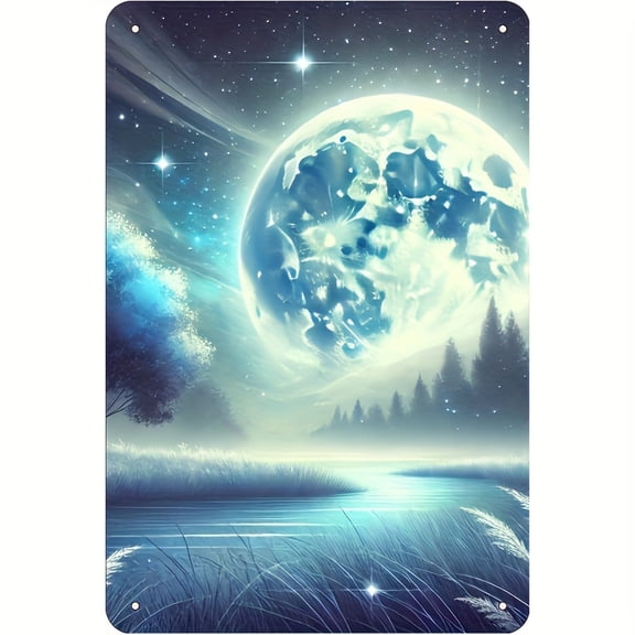A vintage-style tin plaque depicting a dreamy moonlit night, measuring 8x12 inches/20x30 cm. Perfect for decorating homes, bars, garages, clubs, restaurants, and cafes.