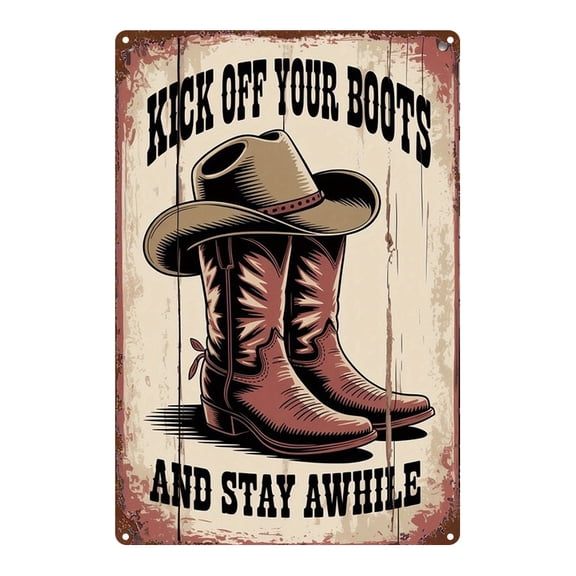 A vintage-style tin plaque featuring cowboy boots and a cowboy hat, this stylish art wall decoration is a humorous metal plaque gift suitable for the living room or office.