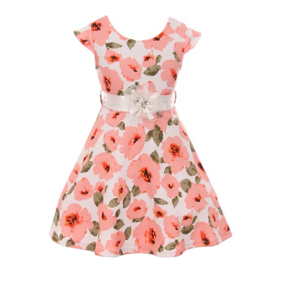 Little Girls Lovely Cap Sleeve Floral Birthday Party Graduation Flower Girl Dress Coral 4 (2J1K2S3)