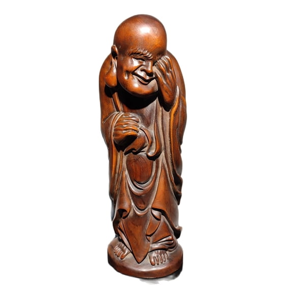 vintage wood carving Boxwood wooden sculpture Masked Buddha laughing statue art decor souvenir amusing