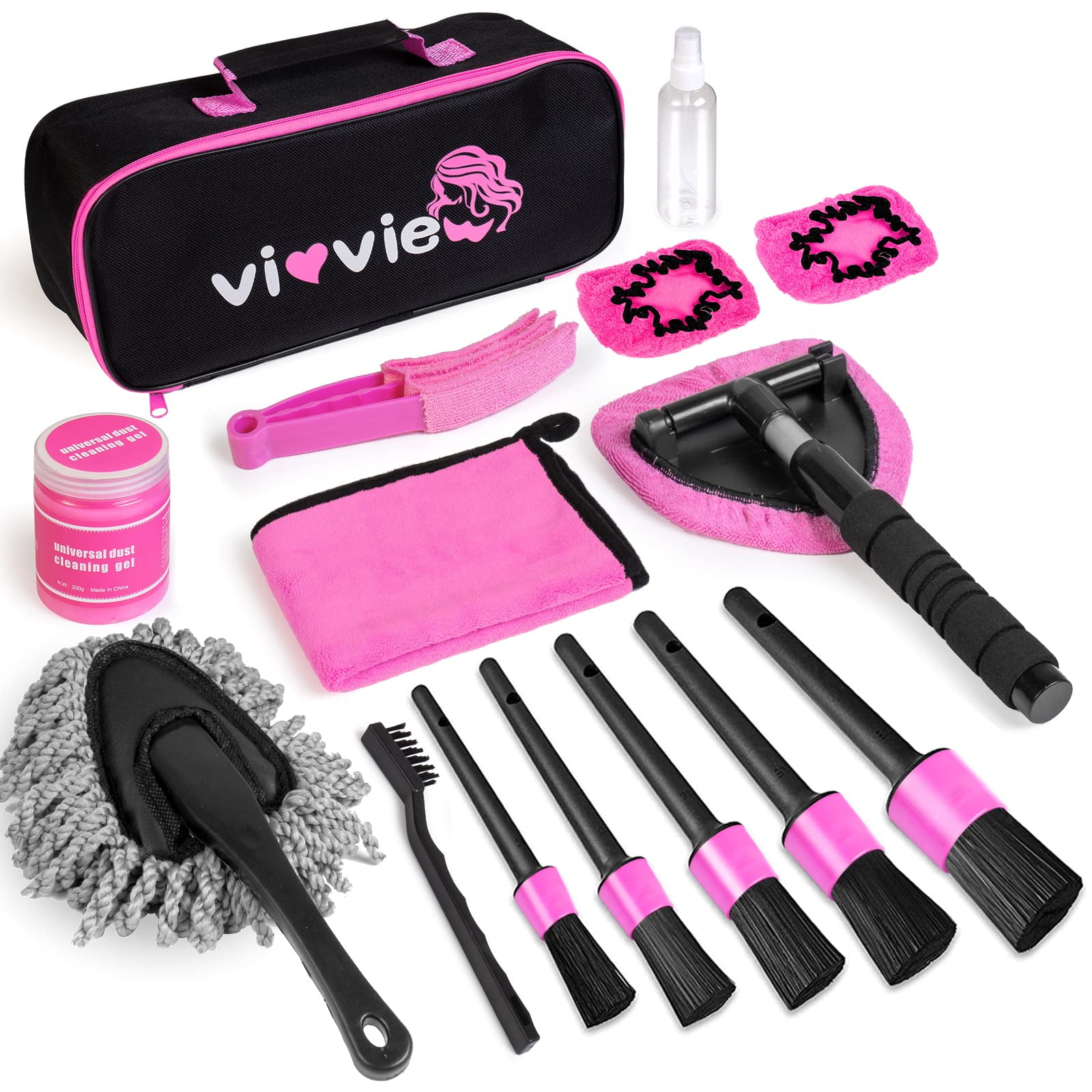 vioview Pink Car Cleaning Kit, Car Detailing Kit Interior Cleaner with Windshield Cleaning Tool, Detailing Brush Set, Complete Car Cleaning Supplies for Windows, Dashboard, Air Vents
