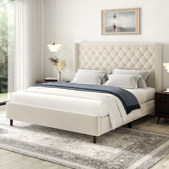 viplov King Size Bed Frame, 62" Tall Velvet Upholstered Bed, Wooden Slats, Modern Luxury Design, Easy Assembly, Beige