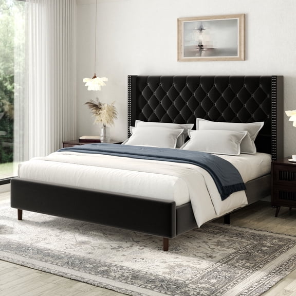 viplov King Size Bed Frame, 62" Tall Velvet Upholstered Bed, Wooden Slats, Modern Luxury Design, Easy Assembly, Black