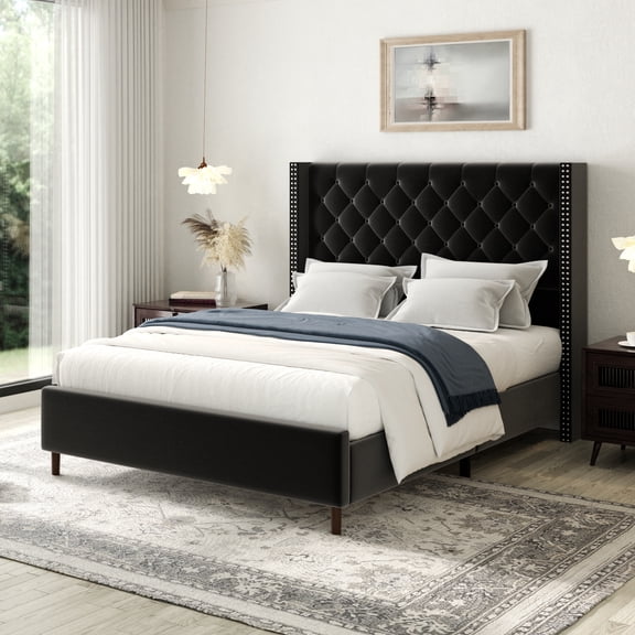 viplov Queen Size Bed Frame, 62" Tall Velvet Upholstered Bed, Wooden Slats, Modern Luxury Design, Easy Assembly,Black