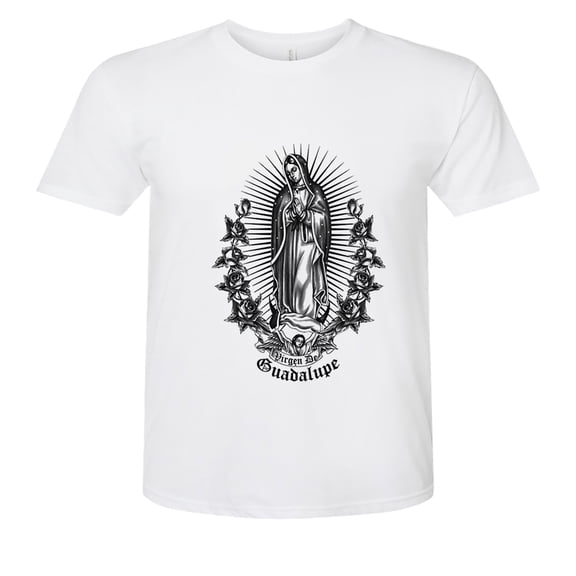 virgin of guadalupe design in black white t-shirt