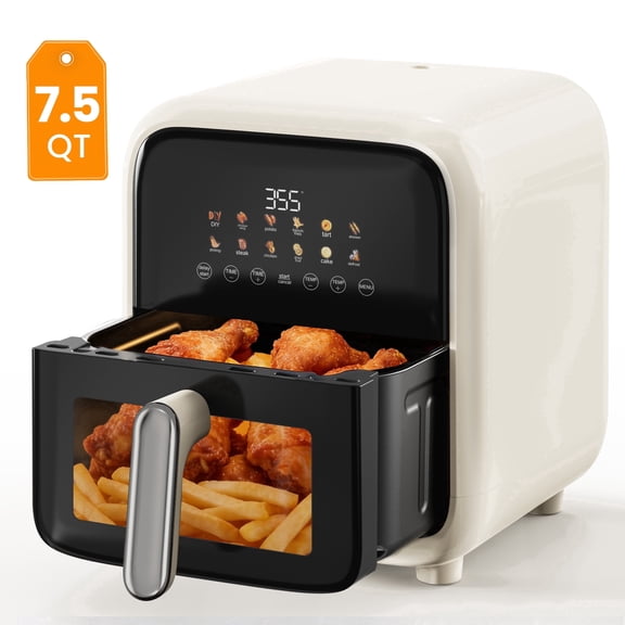 Fullwill Air Fryer with Visible Window, 7.5QT,12-in-1 Multi-Function Air Fry,Roast,Bake, Dehydrate, Fries,Nonstick and Dishwasher-Safe Basket,Family&friends Party,1700W,Creamy White