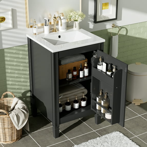 viswild 20" Bathroom Vanity with Ceramic Sink for Small Bathrooms, Soft Close Door, Adjustable Shelf, Freestanding Storage Cabinet, Black