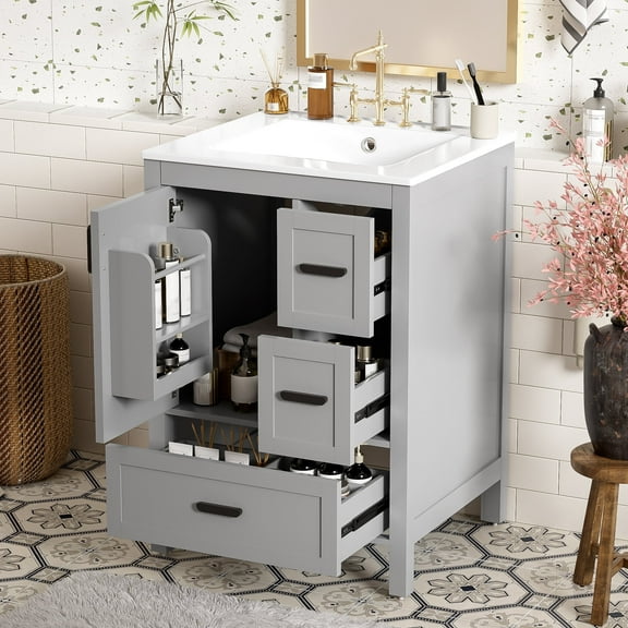 viswild 24" Bathroom Vanity with Ceramic Sink, Soft-Close Door, 3 Drawers & Double Door Shelves for Small Spaces, Gray