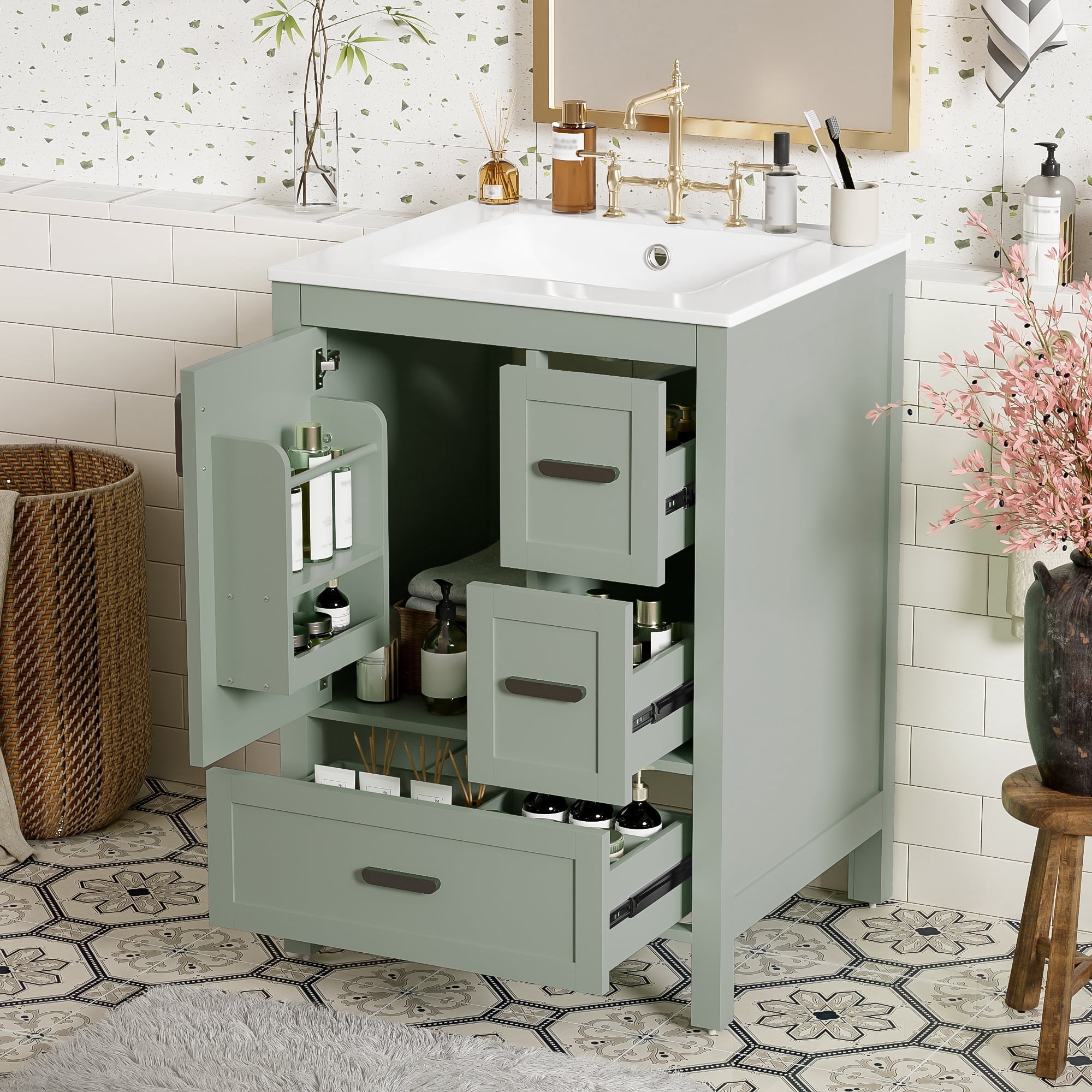 viswild 24" Bathroom Vanity with Ceramic Sink, Soft-Close Door, 3 Drawers & Double Door Shelves for Small Spaces, Green