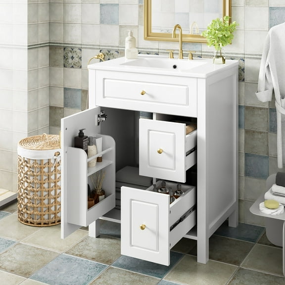 viswild 24" Bathroom Vanity with Ceramic Sink, Soft Close Door & Drawers, Double Storage Racks, White, Traditional Style, Free-Standing