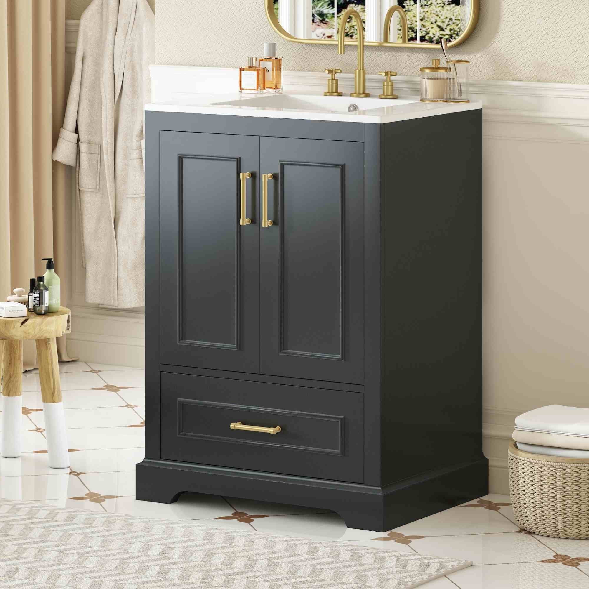 viswild 24" Bathroom Vanity with Sink, Freestanding Cabinet with Divided Drawer & Soft Close Doors, Door Storage Racks, Solid Wood Frame, Black