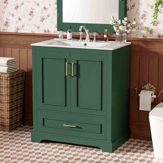 viswild 30" Bathroom Vanity with Ceramic Sink, Soft Close Doors, Freestanding Storage Cabinet, Solid Wood Frame, 1 Drawer & 2 Shelves, Green