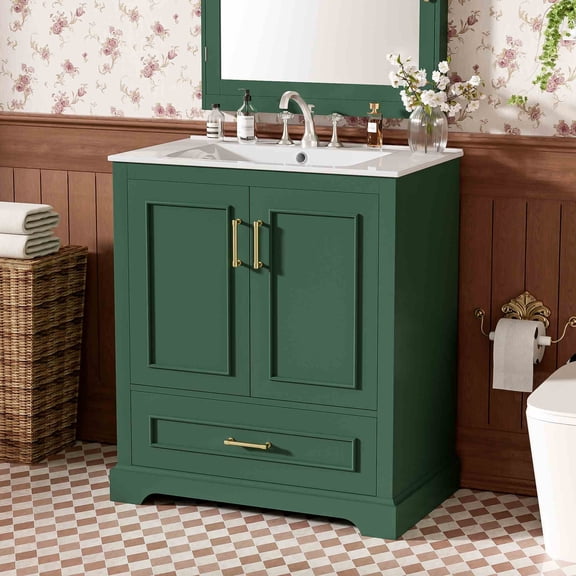 viswild 30" Bathroom Vanity with Ceramic Sink, Soft Close Doors, Freestanding Storage Cabinet, Solid Wood Frame, 1 Drawer & 2 Shelves, Green