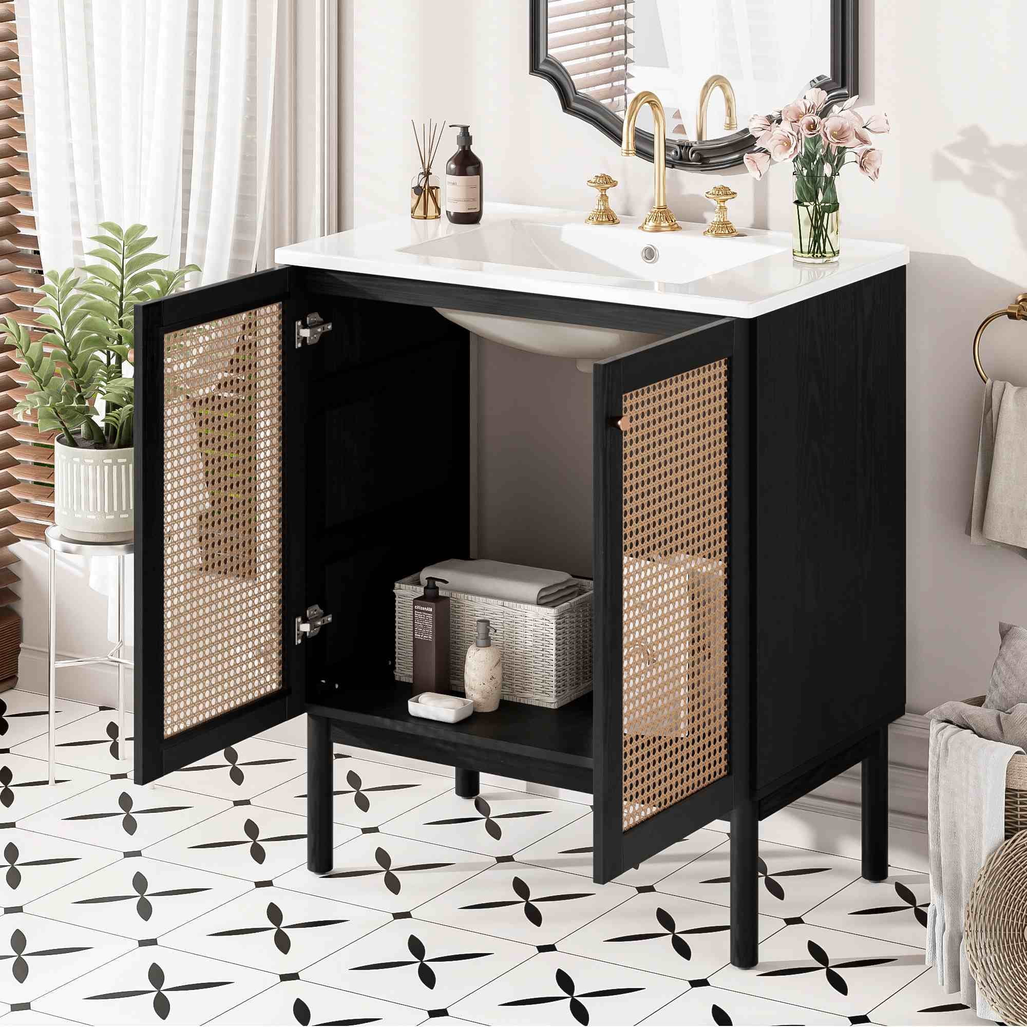 viswild 30" Bathroom Vanity with Handwoven Rattan Doors, Soft Close Ceramic Sink, Gold Accents - Solid Bamboo for Small Spaces, Black
