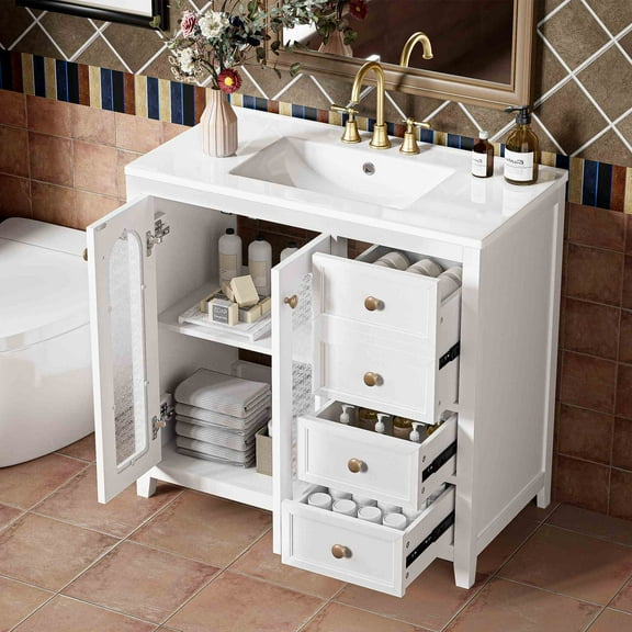 viswild 36" Bathroom Vanity with Soft Close Doors, 3 Drawers & Adjustable Shelf - Ceramic Sink, Overflow Protection, Gold Handles for Small Bathroom, White
