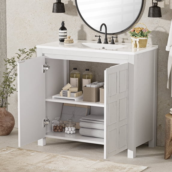 viswild 36" Bathroom Vanity with Ceramic Sink Vintage Espresso Durable Solid Wood Storage Cabinet Soft Close Doors Distressed Finish, Antique White