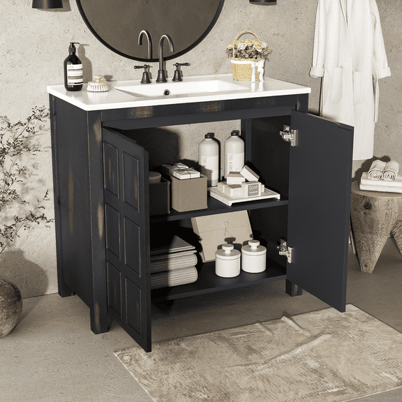 viswild 36" Bathroom Vanity with Ceramic Sink Vintage Espresso Durable Solid Wood Storage Cabinet Soft Close Doors Distressed Finish, Espresso