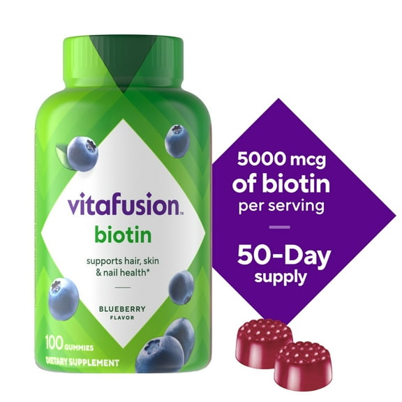 vitafusion Extra Strength Gummy Biotin Vitamins, Blueberry Flavored, 100 Count