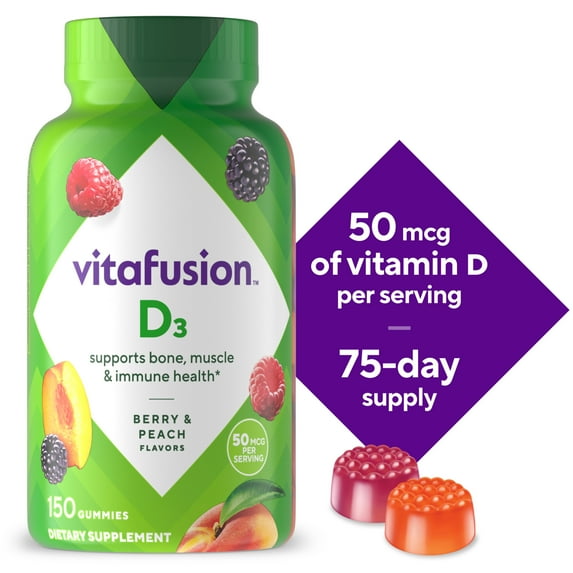 vitafusion Vitamin D3 Gummy Vitamins, 50 mcg, Peach, Blackberry and Strawberry Flavored, 150 Count